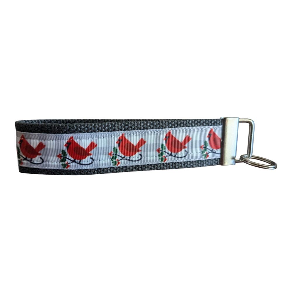 Cardinal Plaid Keychain Wristlet Handmade Key FOB Gray Winter Scene Bird Present